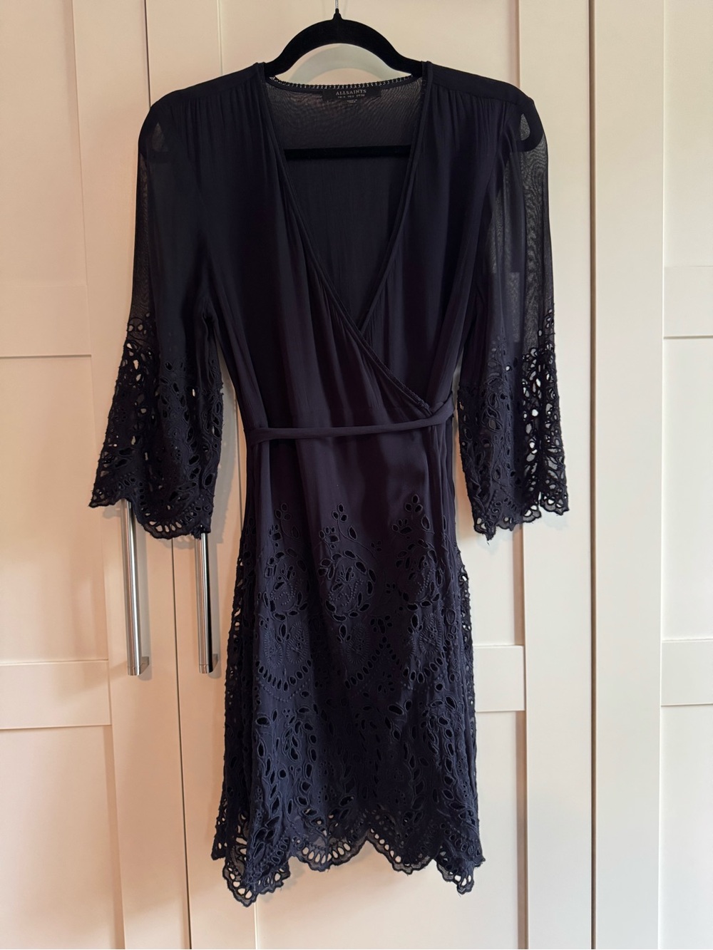 AllSaints Black Lace Wrap Mini Dress